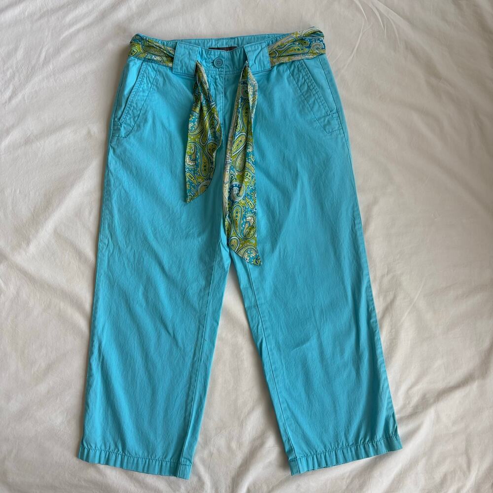 Y2K Liz Claiborne Audra Turquoise Capri Pants Paisley Silk Belt - Size 6